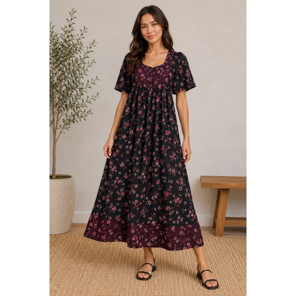 Only Necessities Dresses & Skirts - Only Necessities Womens Cottagecore Floral Cotton Maxi Dress Black Pink 14/16 M